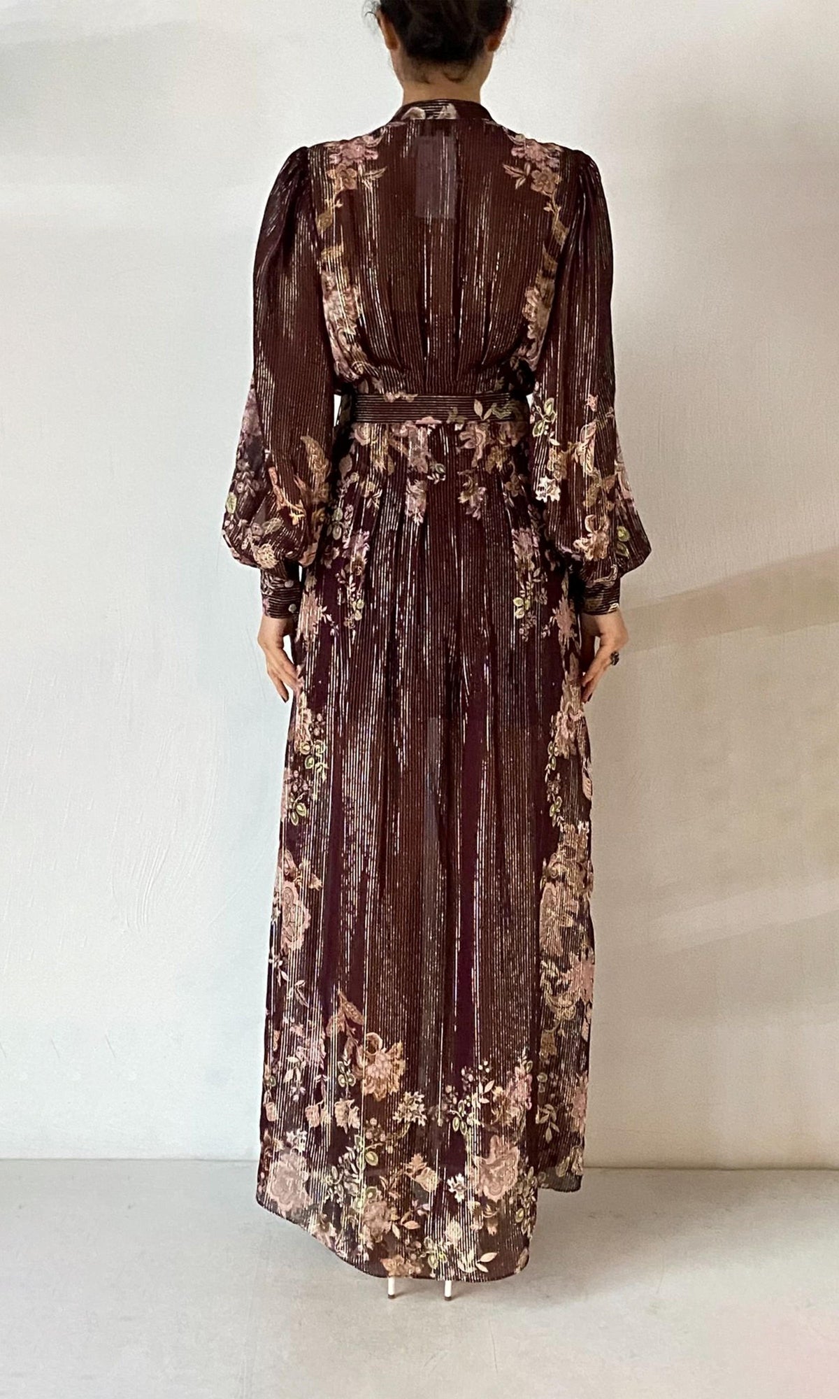 Hemant And Nandita | Savi Viscose Georgette Lurex Shirt Dress With Buckle Belt And Slip | Burgundy