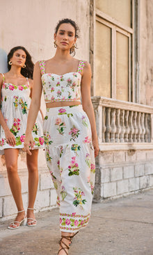 Hemant And Nandita | Taha Linen Cotton Midi Skirt | White Floral