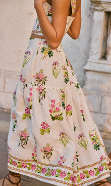 Hemant And Nandita | Taha Linen Cotton Midi Skirt | White Floral