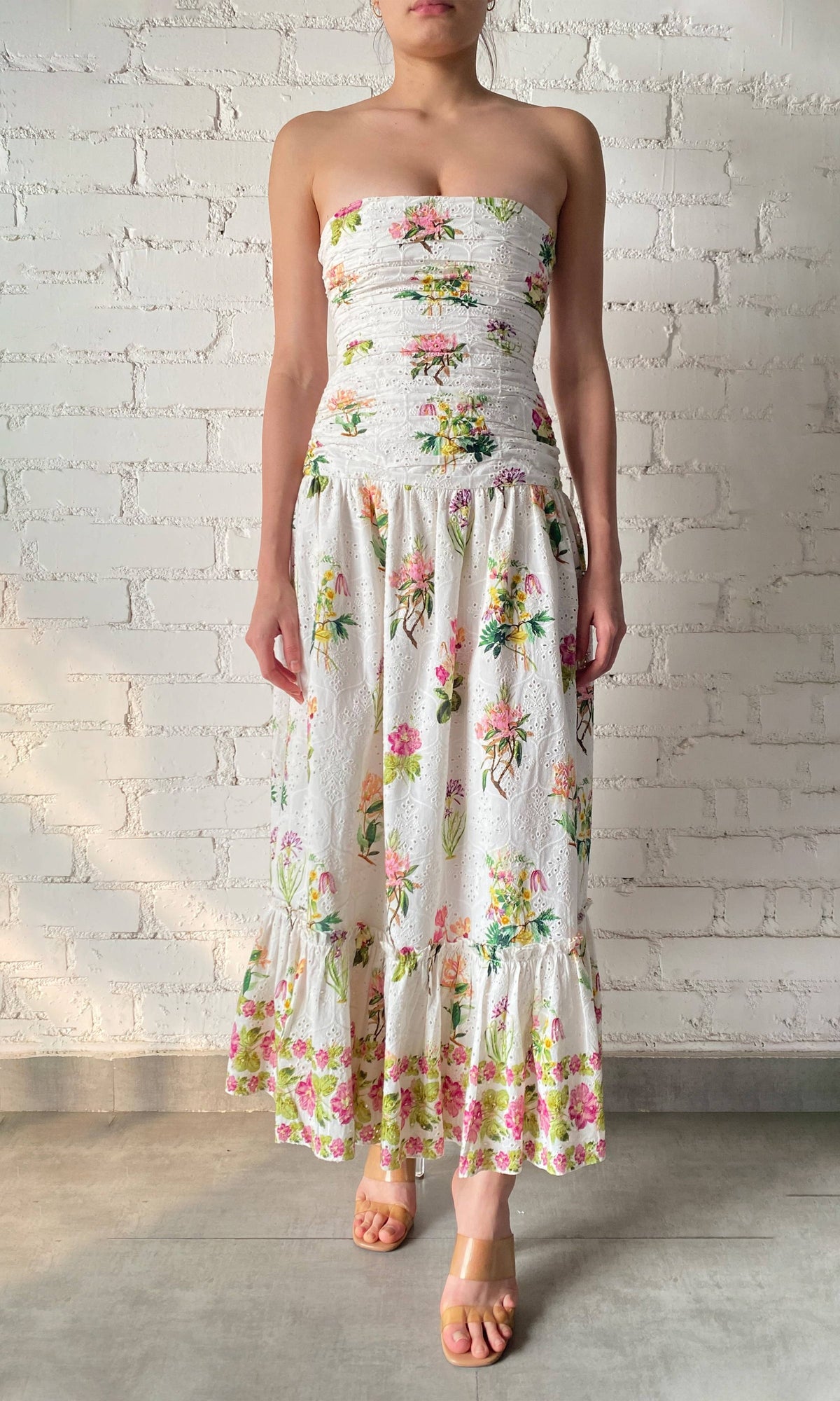 Hemant And Nandita | Taha Cotton Schiffli Strapless Maxi Dress | White Floral