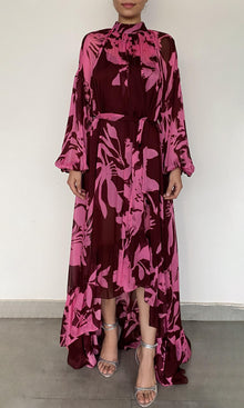 Hemant And Nandita | Tehr Viscose Flat Chiffon High Low Long Dress With Braided Belt And Slip | Black Magenta