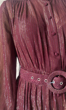 Hemant And Nandita | Tiya Viscose Georgette Gold Silver Stripe Lurex Long Dress With Buckle Belt | Burgundy