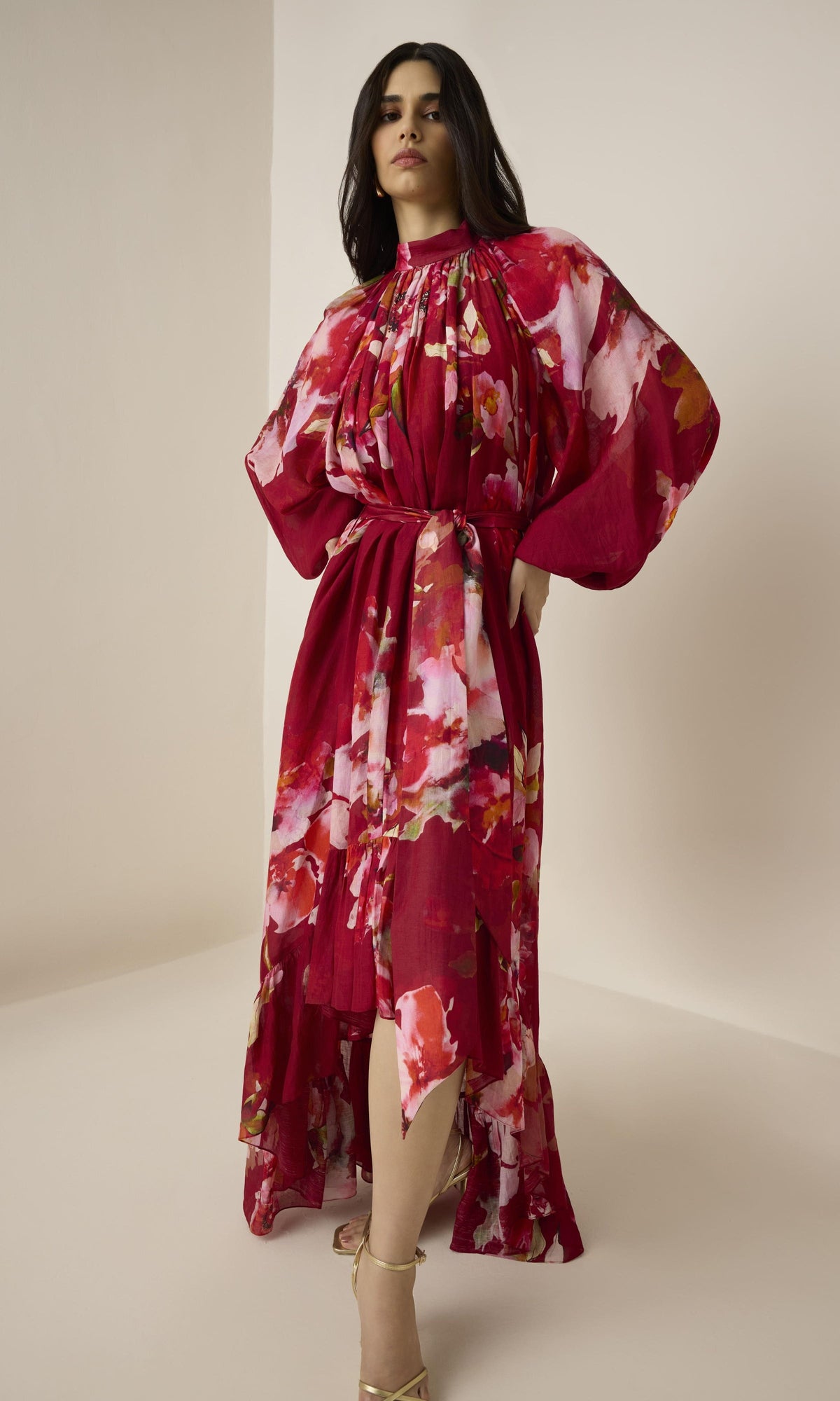 Hemant And Nandita | Tuhi Viscose Linen Organza High Low Long Dress With Braided Belt And Slip | Burgundy Multi