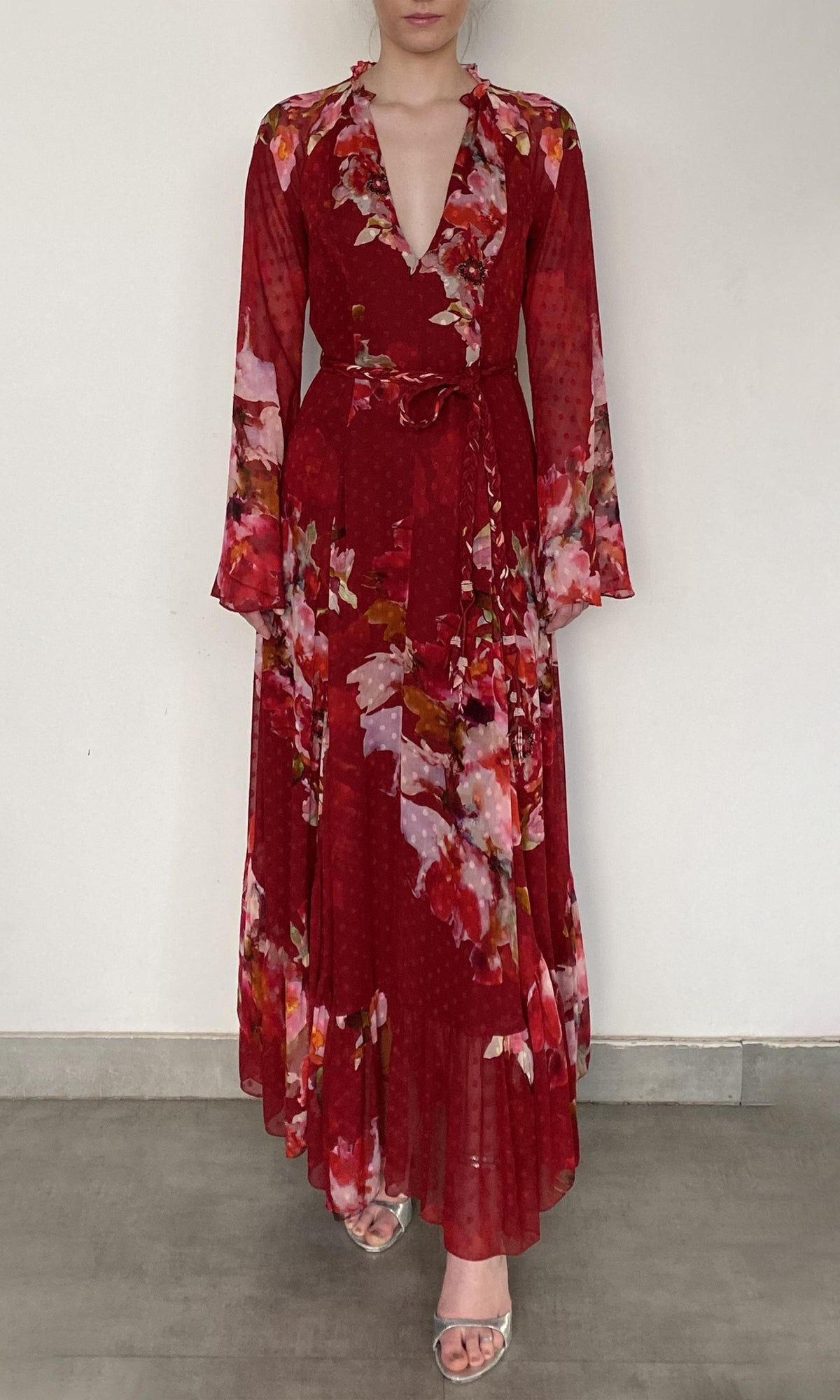 Womens | Tuhi Viscose Georgette Dobby Long Dress With Braided Belt | Burgundy Multi