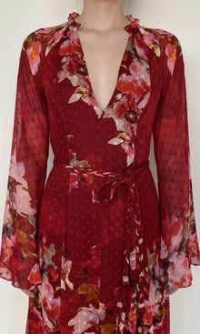 Womens | Tuhi Viscose Georgette Dobby Long Dress With Braided Belt | Burgundy Multi