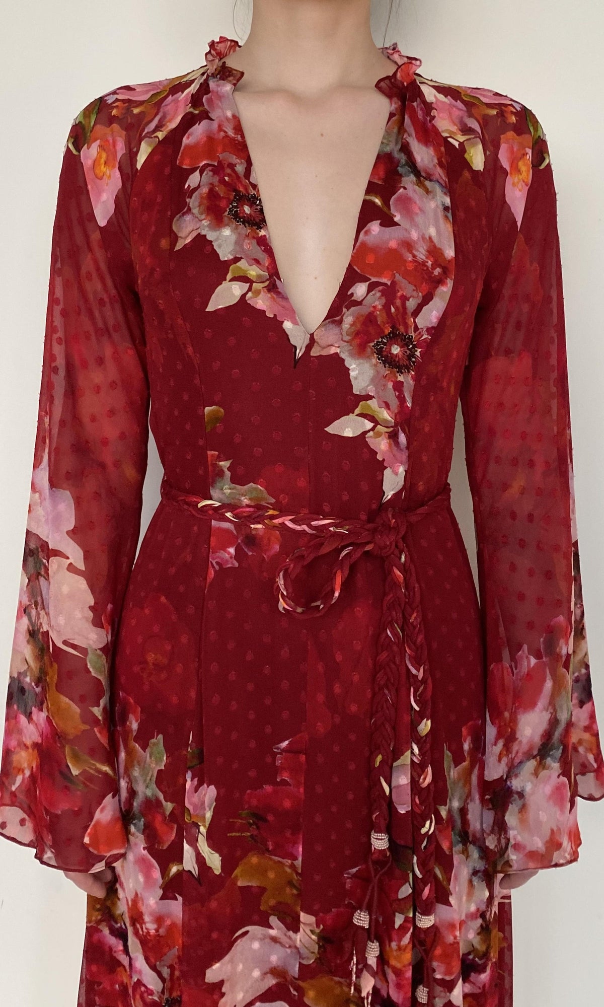 Womens | Tuhi Viscose Georgette Dobby Long Dress With Braided Belt | Burgundy Multi