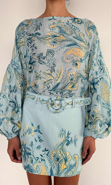 Hemant And Nandita | Wani Linen Cotton Mini Skirt With Buckle Belt | Blue Floral