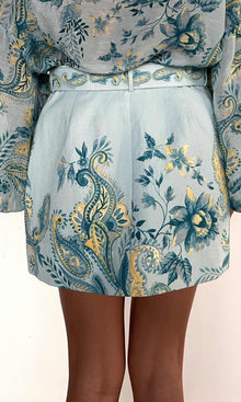 Hemant And Nandita | Wani Linen Cotton Mini Skirt With Buckle Belt | Blue Floral