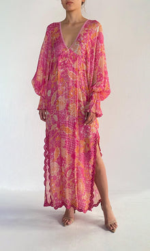 Womens | Xari Viscose Jacquard Kaftan | Pink Multi
