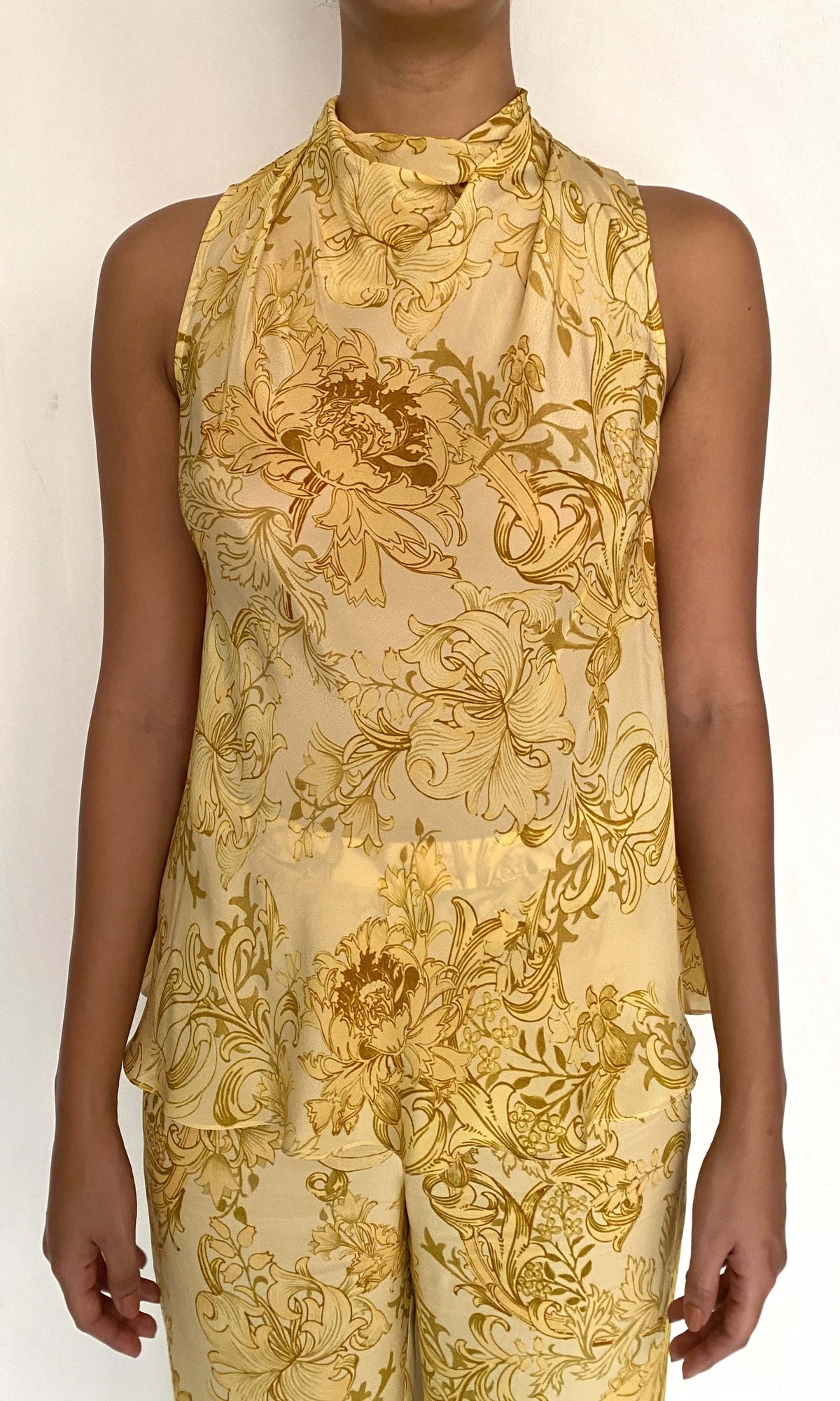 Hemant And Nandita | Zar Viscose Natural Crepe Cowl Neck With Back Tie Top | Yellow