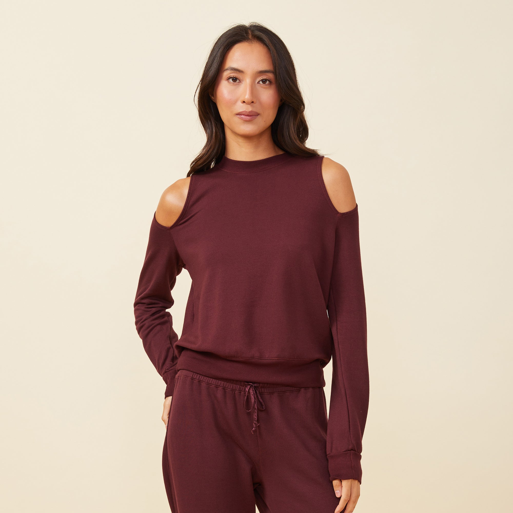 Cold Shoulder Crew Neck Sweatshirt | Women | Merlot