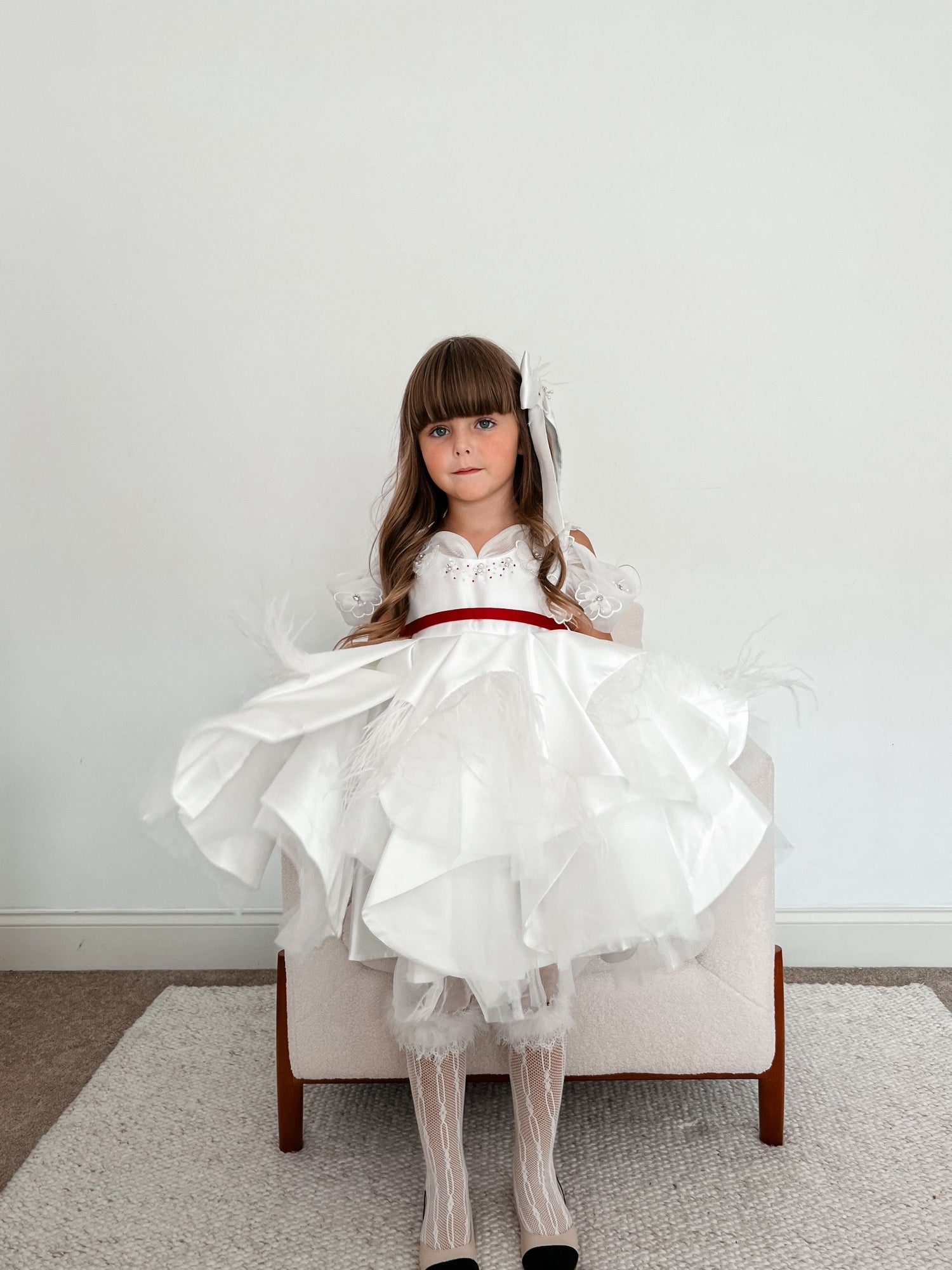 Constanza White Ceremony  Dress with Red Bow | Red