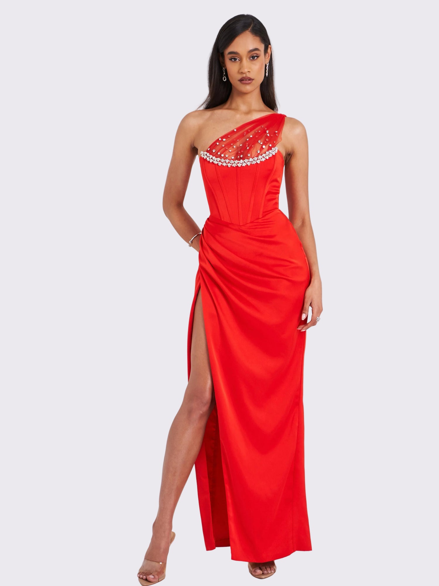 Lora Crystal Embellished Mesh Satin Corset Gown | Scarlet