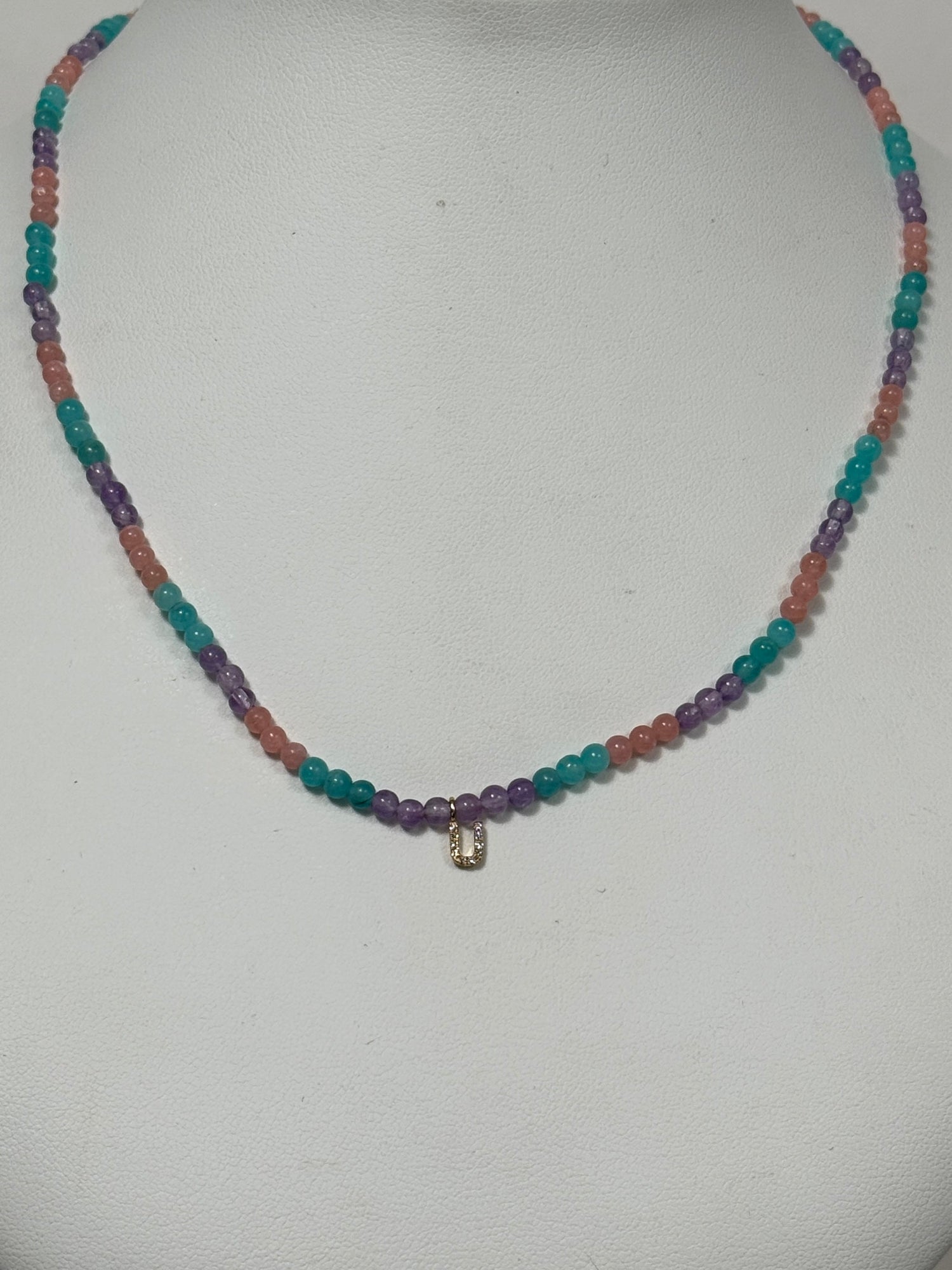 Unicorn Beaded Diamond Initial Necklace | 10K Yellow Gold | 0.03 CTW (Approx) Multicolor Diamond/Diamond/Agate/Rose Quartz/Jade Leaf/Aragonite
