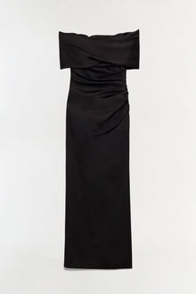 Black satin off-shoulder gown with draped bodice and ruched waist detail.