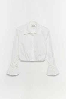 White button-up crop top with collared neckline and flared cuffs with button detailing.