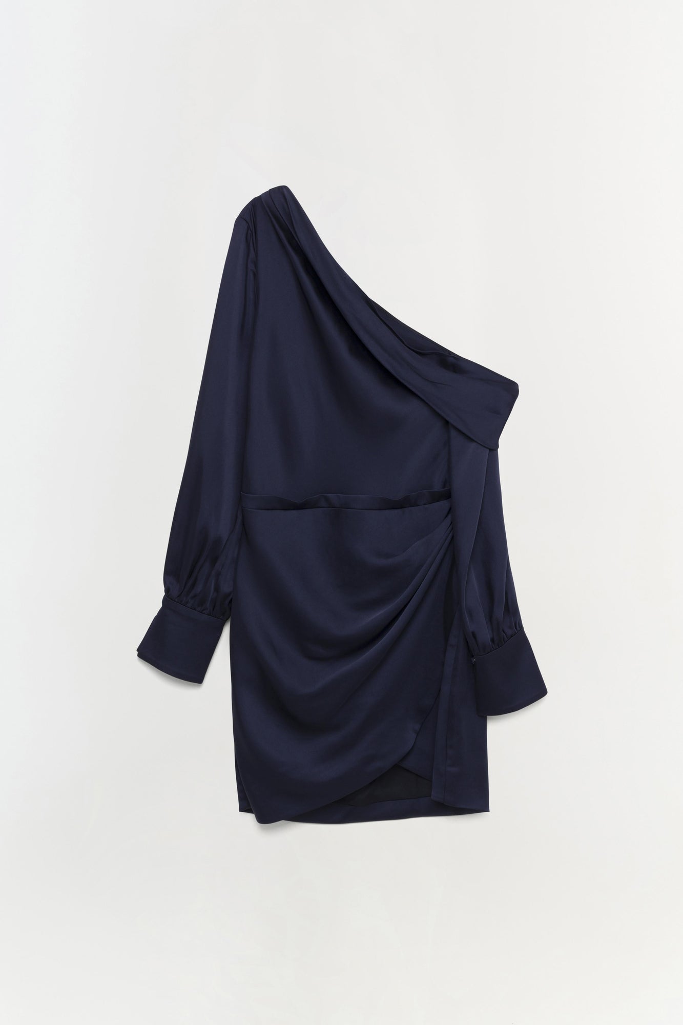 Navy blue one-shoulder dress with draped fabric and three-quarter length sleeves.
