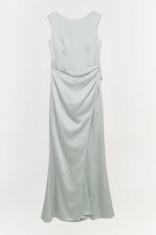 Pale green sleeveless gown with ruched side detail and high slit, displayed on neutral background.
