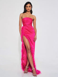 Perrin Feather Dress High Slit Gown | Fuchsia Pink