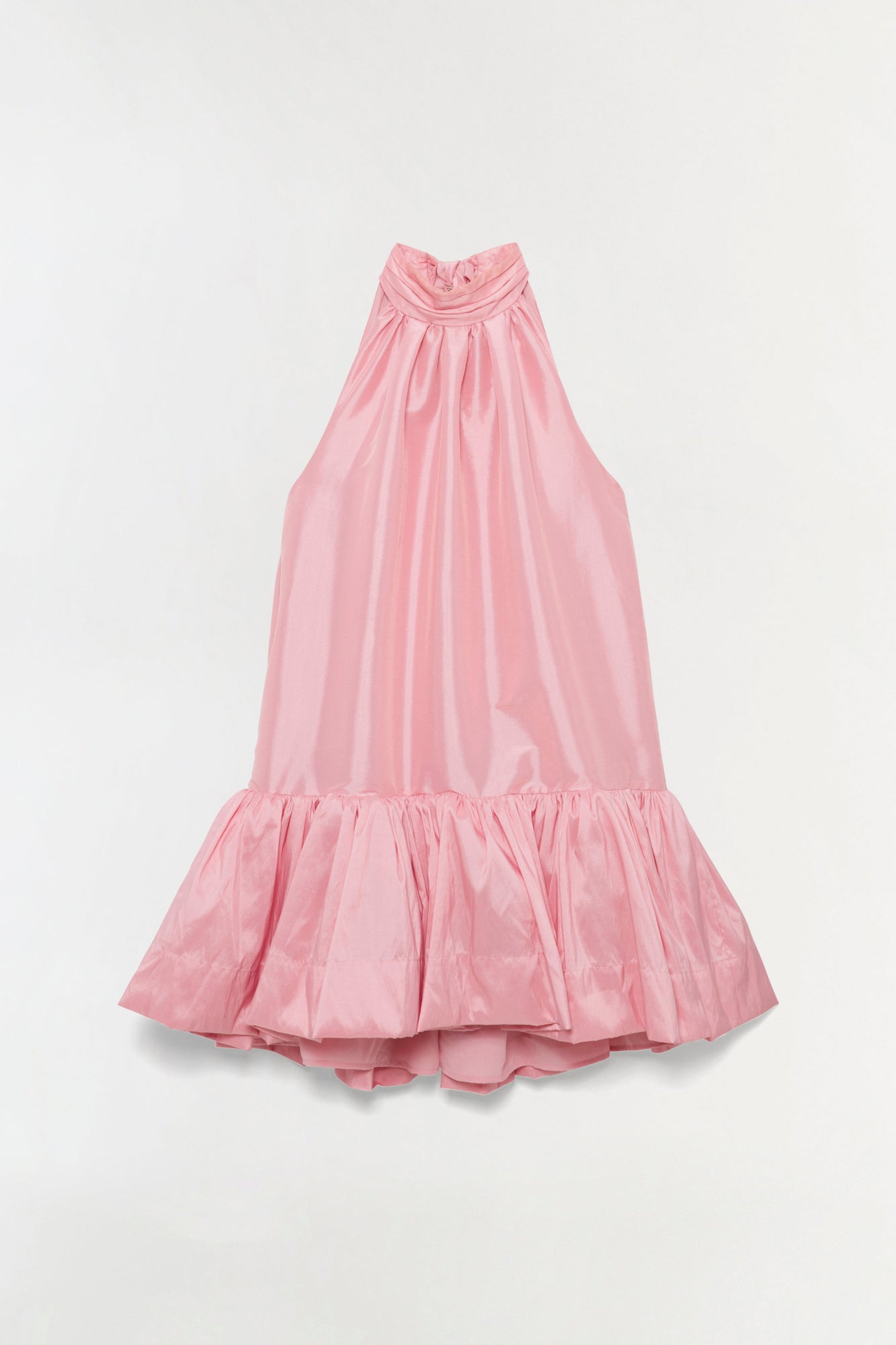 Pink taffeta halter mini dress with ruched neckline and ruffled hem.