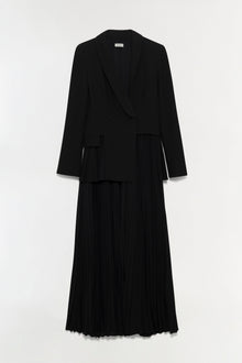 Black blazer midi dress with double-breasted front and pleated skirt bottom.