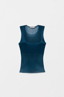 Dark teal pleated sleeveless tank top with round neckline and vertical ribbed texture.