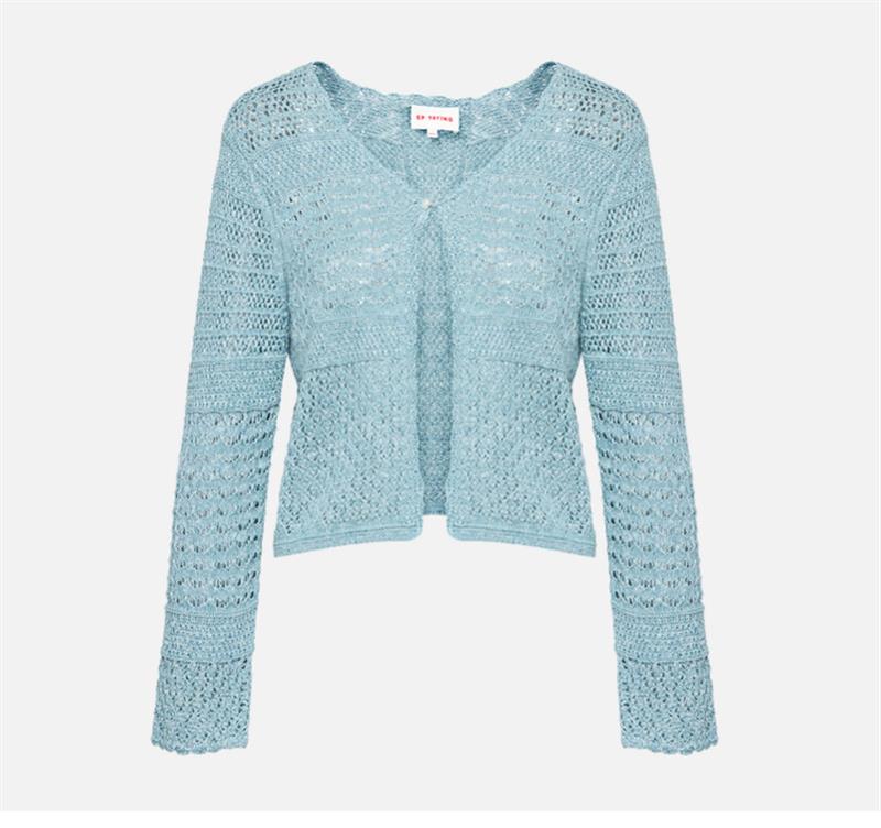 Cotton-Linen Slub Yarn Openwork Shawl Cardigan | Blue