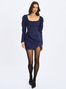 Denise Tweed Ruched Puff Sleeve Mini Dress | Navy