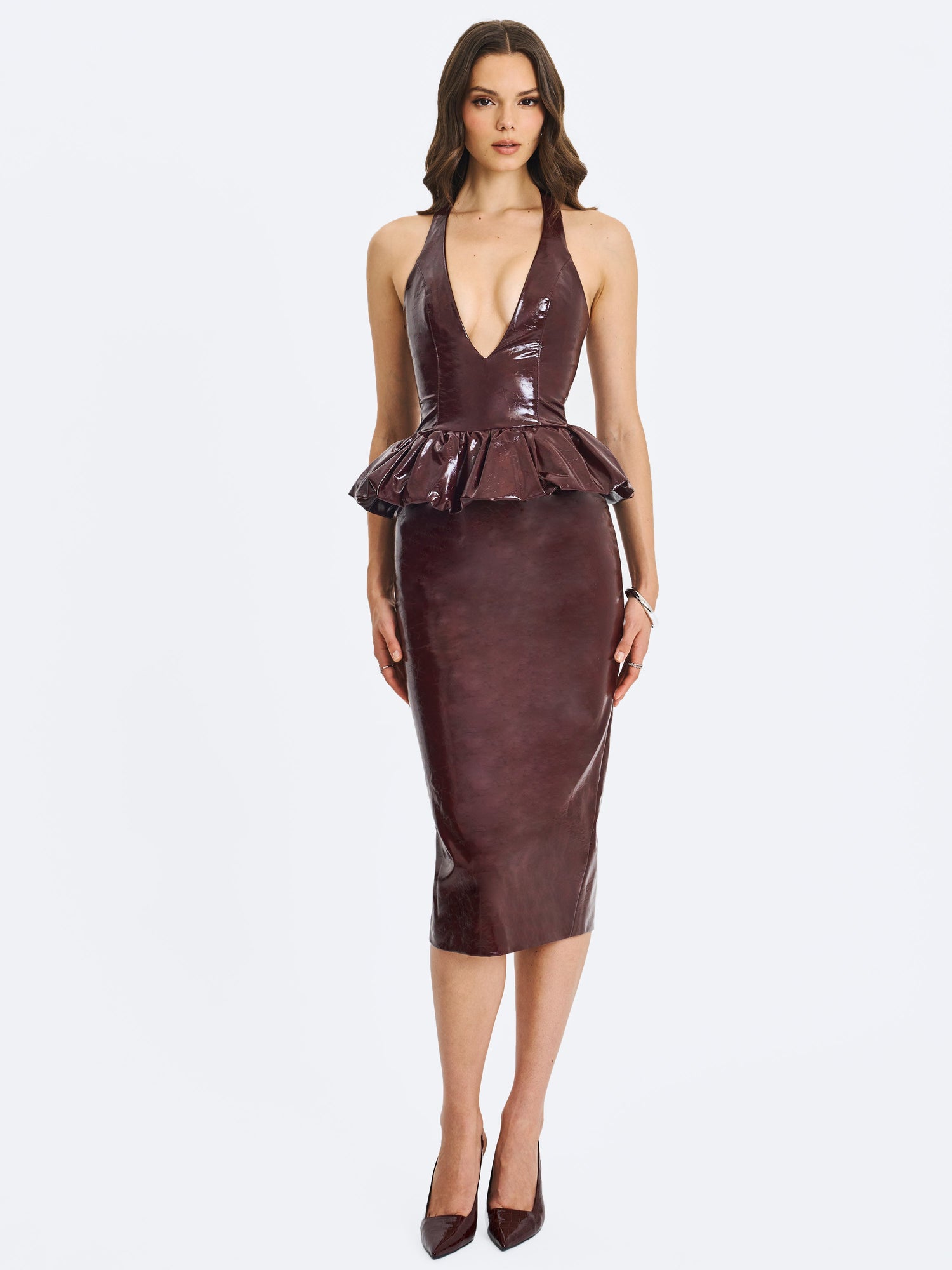 Jaslene Ruched Peplum Plunge Halter Midi Dress | Mahogany