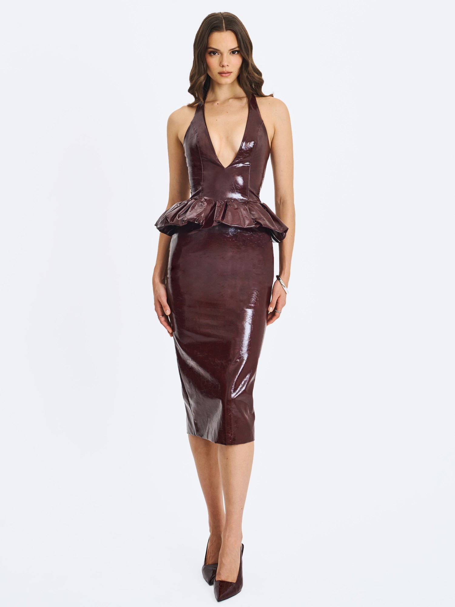 Jaslene Ruched Peplum Plunge Halter Midi Dress | Mahogany