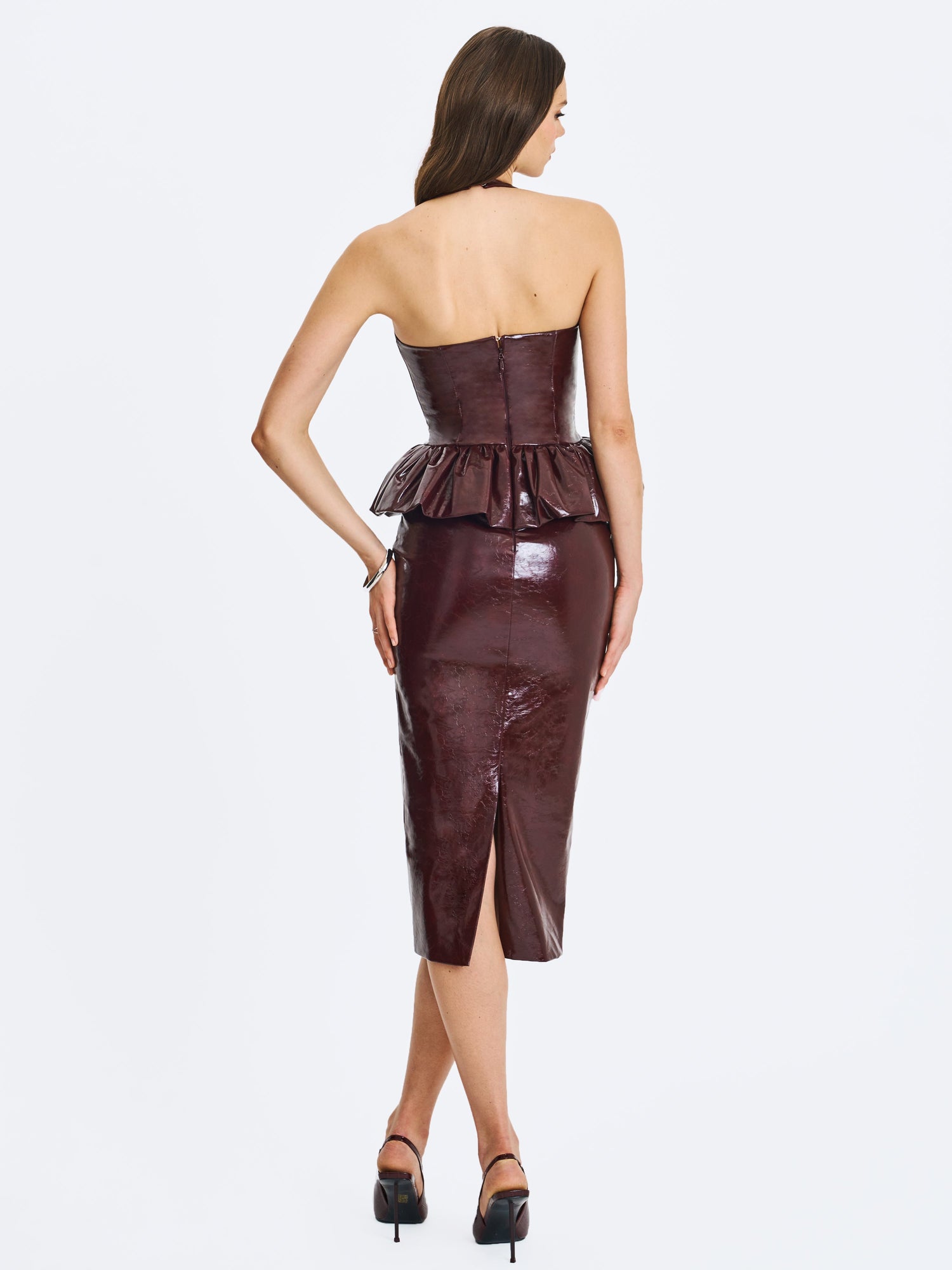 Jaslene Ruched Peplum Plunge Halter Midi Dress | Mahogany