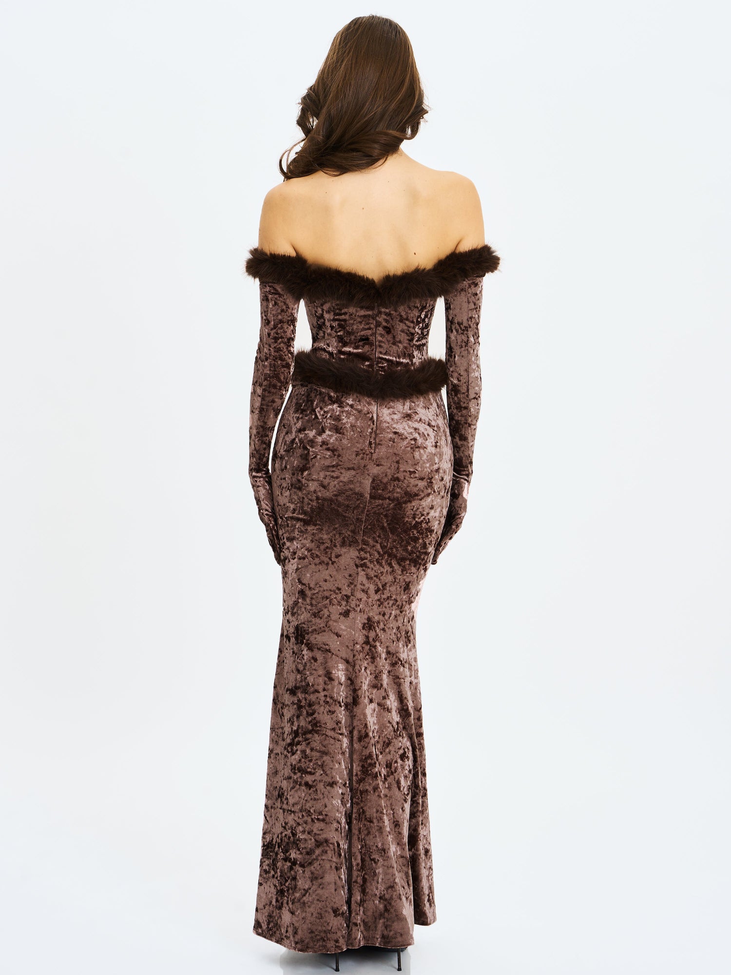Tessa Sweetheart Bardot Faux Fur Velvet Mermaid Maxi Dress | Coffee