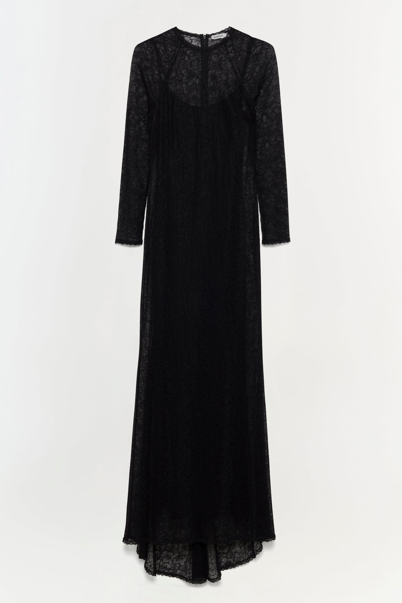 Black lace long-sleeve gown with crew neckline and floor-length skirt.