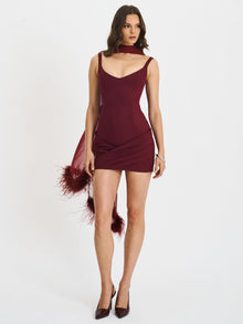 Tori Pleated Mini Dress with Chiffon Scarf | Wine Red