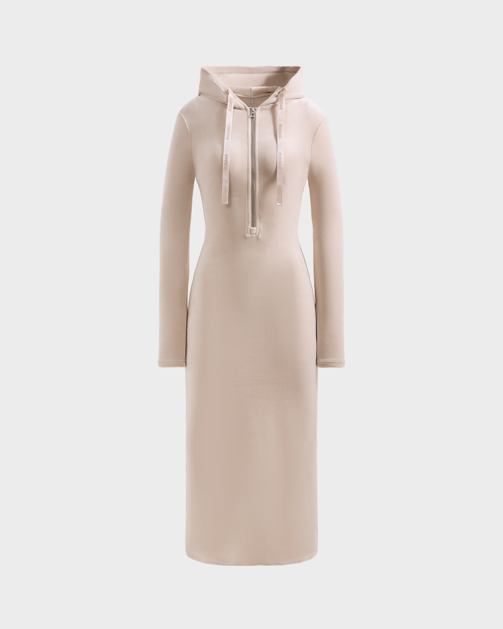 The Rudsak ISABELLA - L525502 Cream is a women’s velour hooded midi dress with long sleeves, front drawstring, and a fitted silhouette, shown on a plain light background.