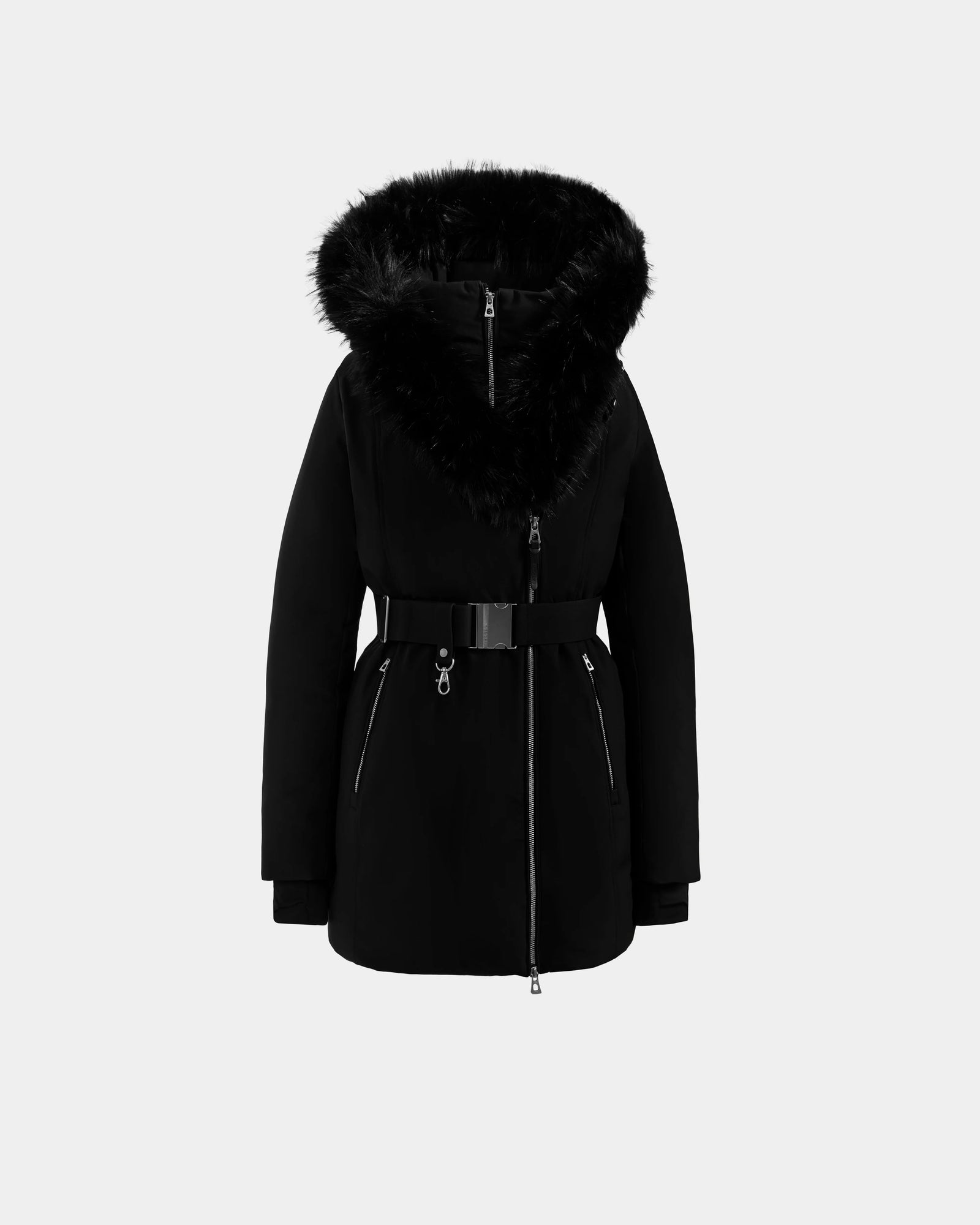 The Rudsak ISELLE - L125547 Black women’s down parka features a faux fur-lined hood, front zipper, two zippered pockets, and a wide waist belt, shown against a plain light gray background.