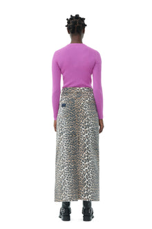 Print Denim Maxi Slit Skirt | Leopard
