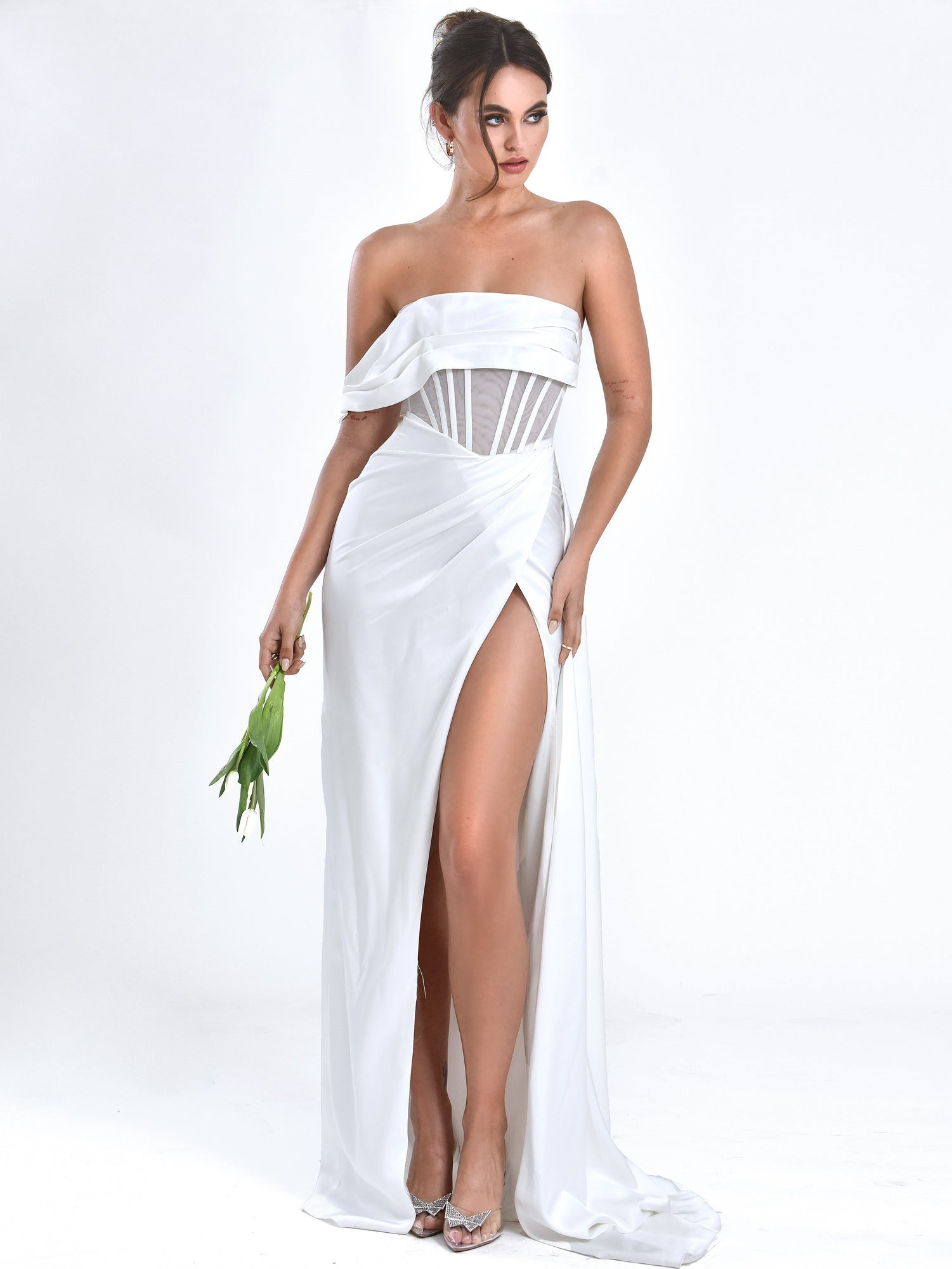 Rebeca Satin High Slit Corset Gown | White