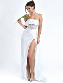 Rebeca Satin High Slit Corset Gown | White