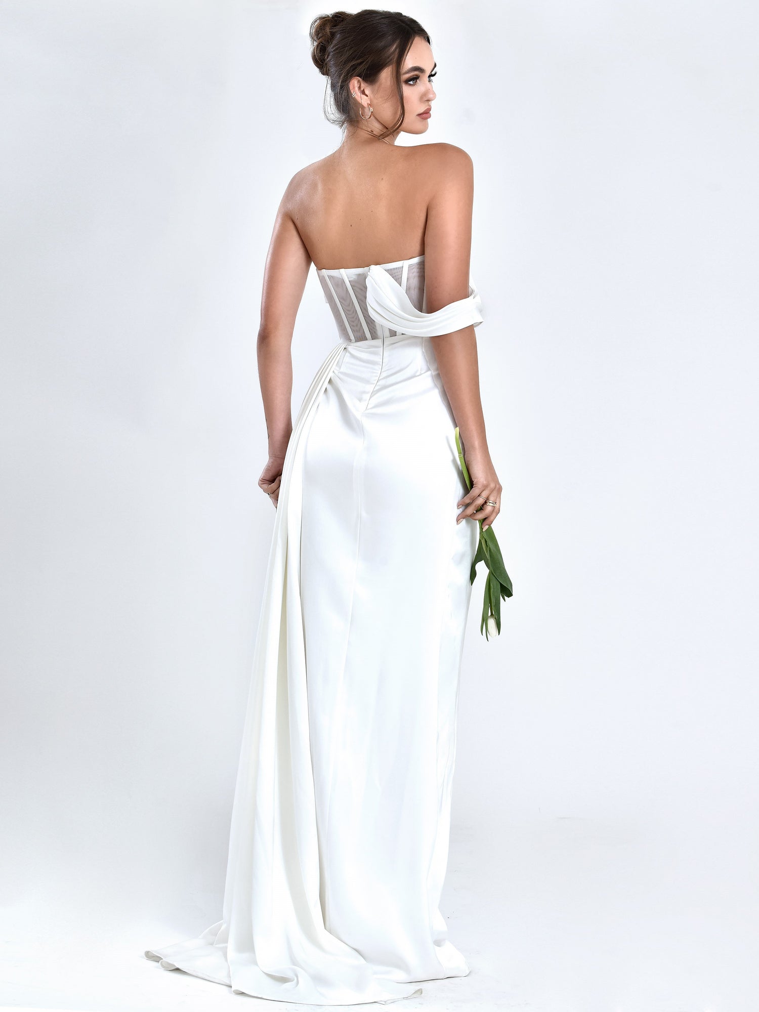 Rebeca Satin High Slit Corset Gown | White