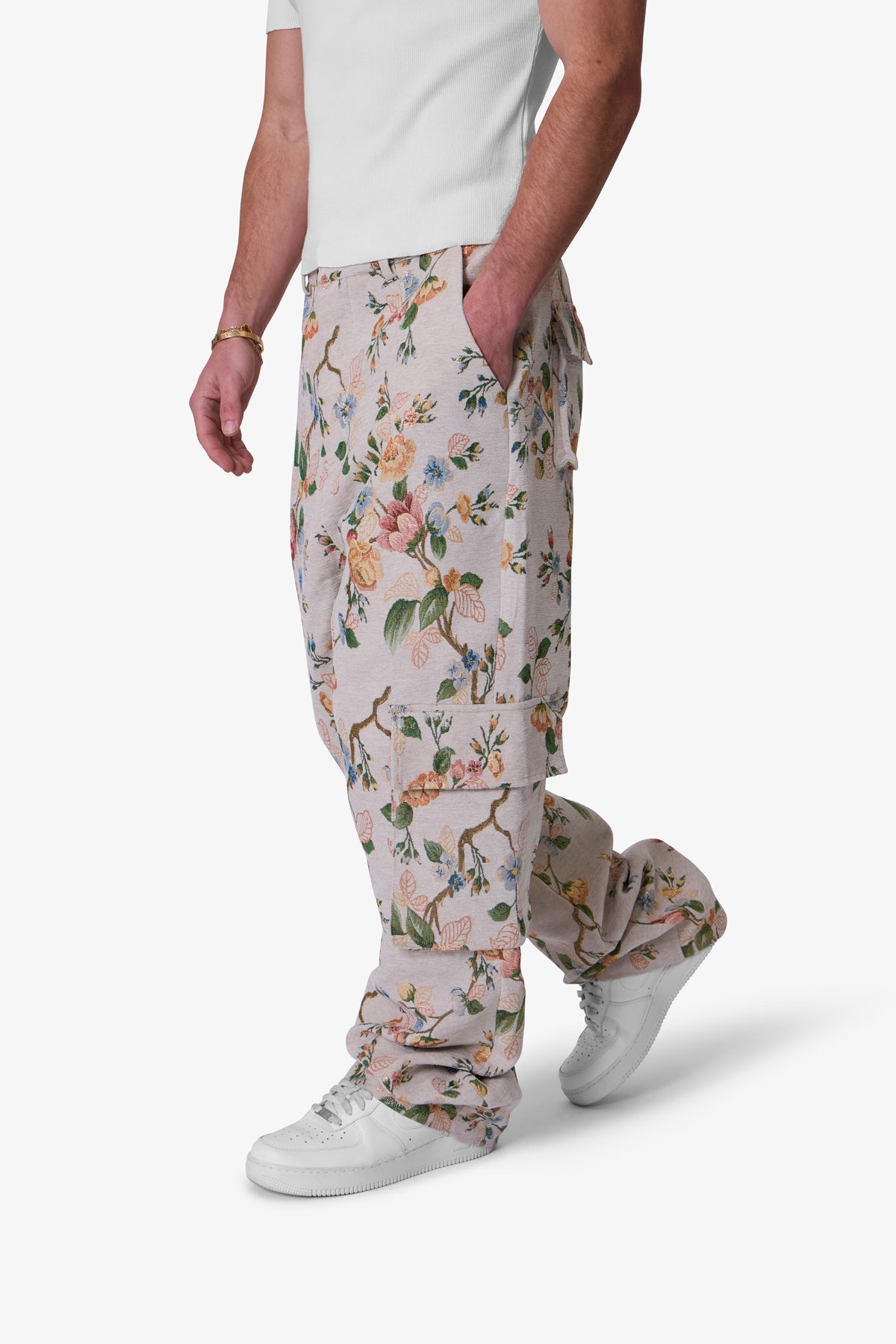 Jacquard Rose Cargo Pants | Gold
