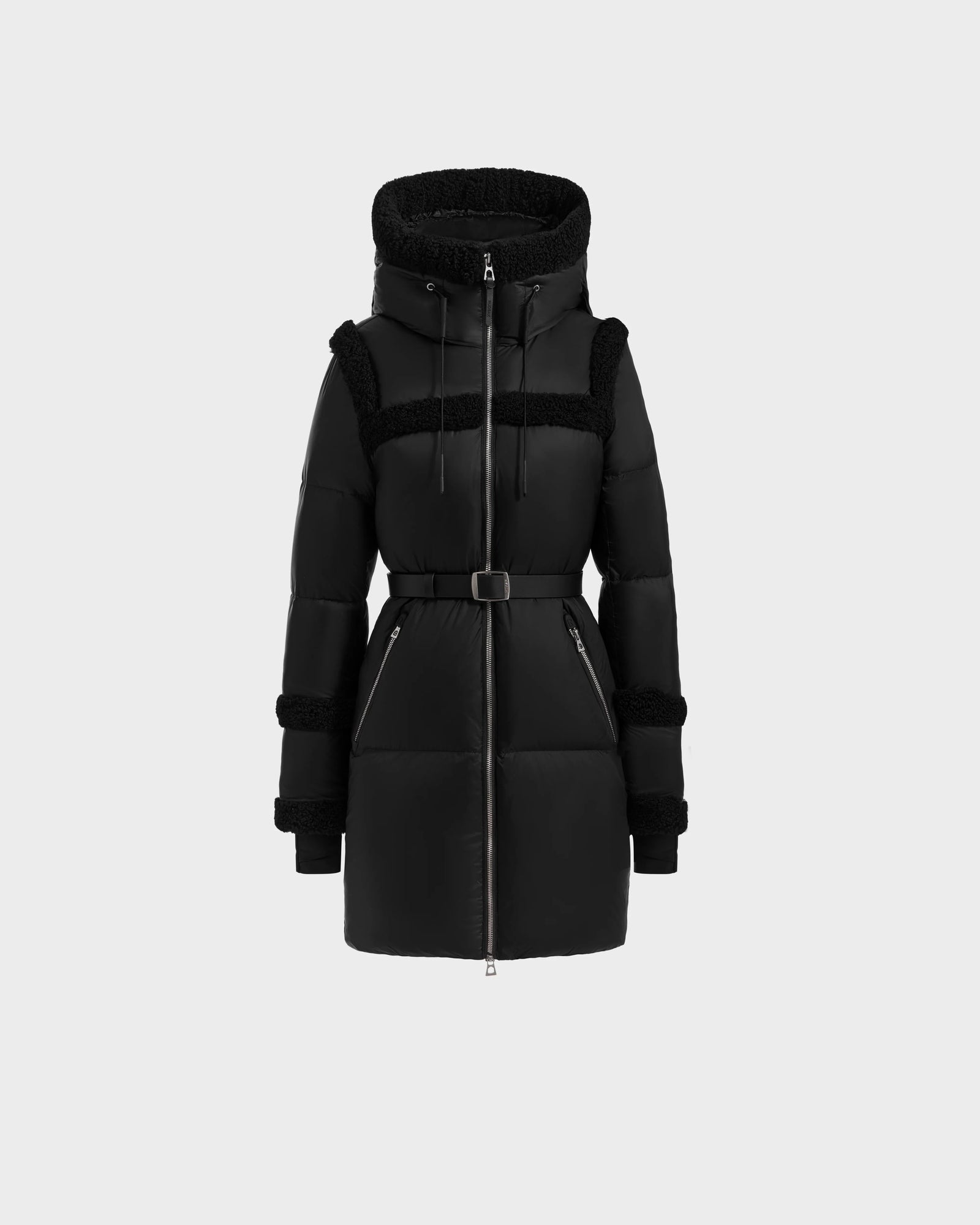 The Rudsak JULIANA L - L125535 Black/Black is a knee-length puffer coat with a belt, zip front, two zip pockets, hood, and black shearling trim on the shoulders, arms, and cuffs—chic warmth for cold weather.