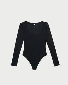 Kaya Pointelle Long-Sleeve Bodysuit in black.