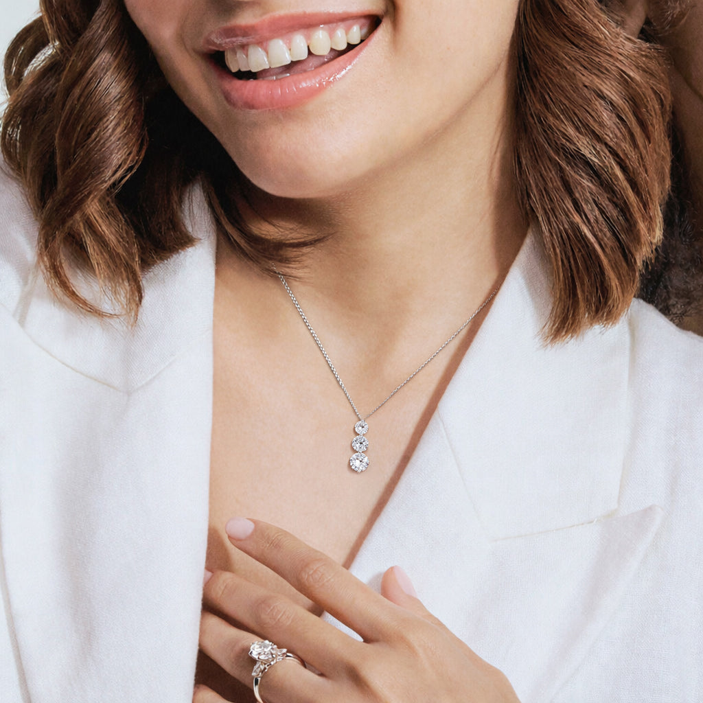 Womens | Graduating Pendant Necklace | 14K White Gold | 3 CTW Round Cut Lab Grown Diamond | F-SI