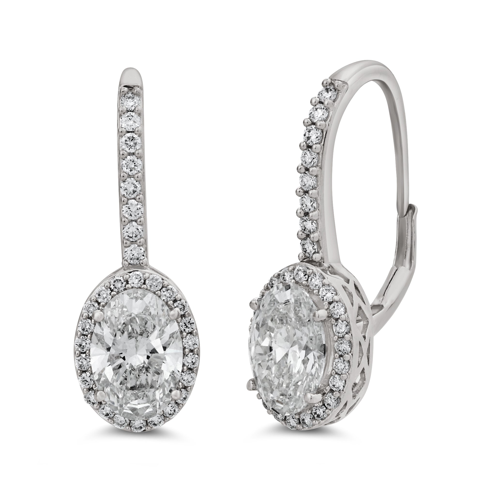 Womens | Halo Leverback Hoop Earrings | 14K White Gold | 2.40 CTW Oval Cut Lab Grown Diamond | F-VS
