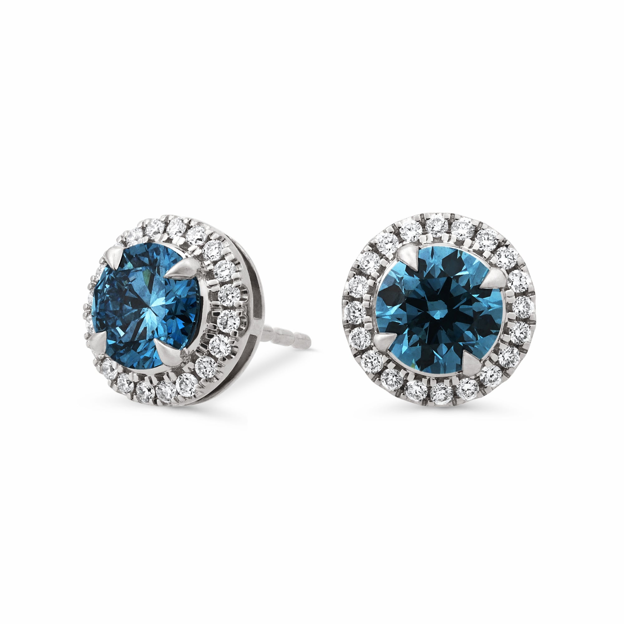 Womens | Halo Stud Earring | 14K White Gold | 2.25 CTW Round Cut Lab Grown Diamond | Blue-VS1