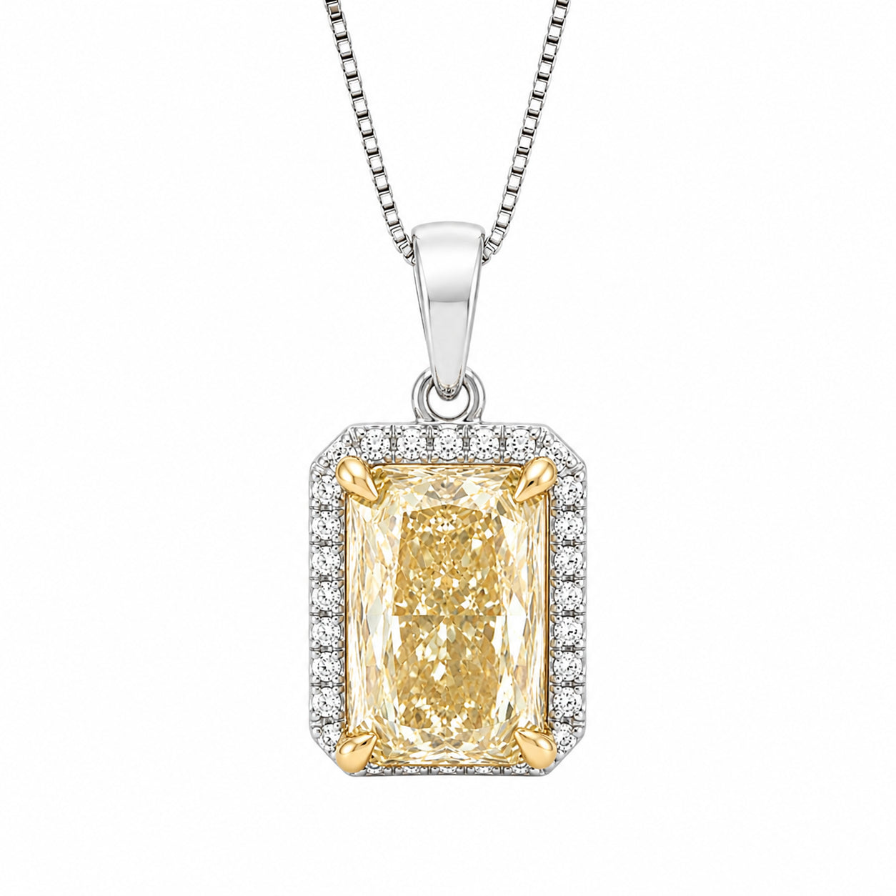 Womens | Halo Solitaire Pendant Necklace | 14K Two Tone Gold | 6 CTW Radiant Cut Lab Grown Diamond | Yellow-VS1