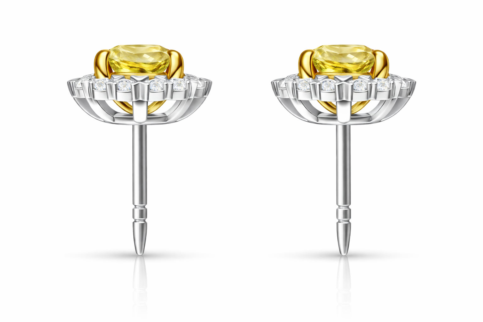 Womens | Halo Stud Earring | 14K Two Tone Gold | 2.85 CTW Cushion Cut Lab Grown Diamond | Yellow-VS1