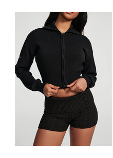 Knit Cropped Zip-Up Jacket | Black