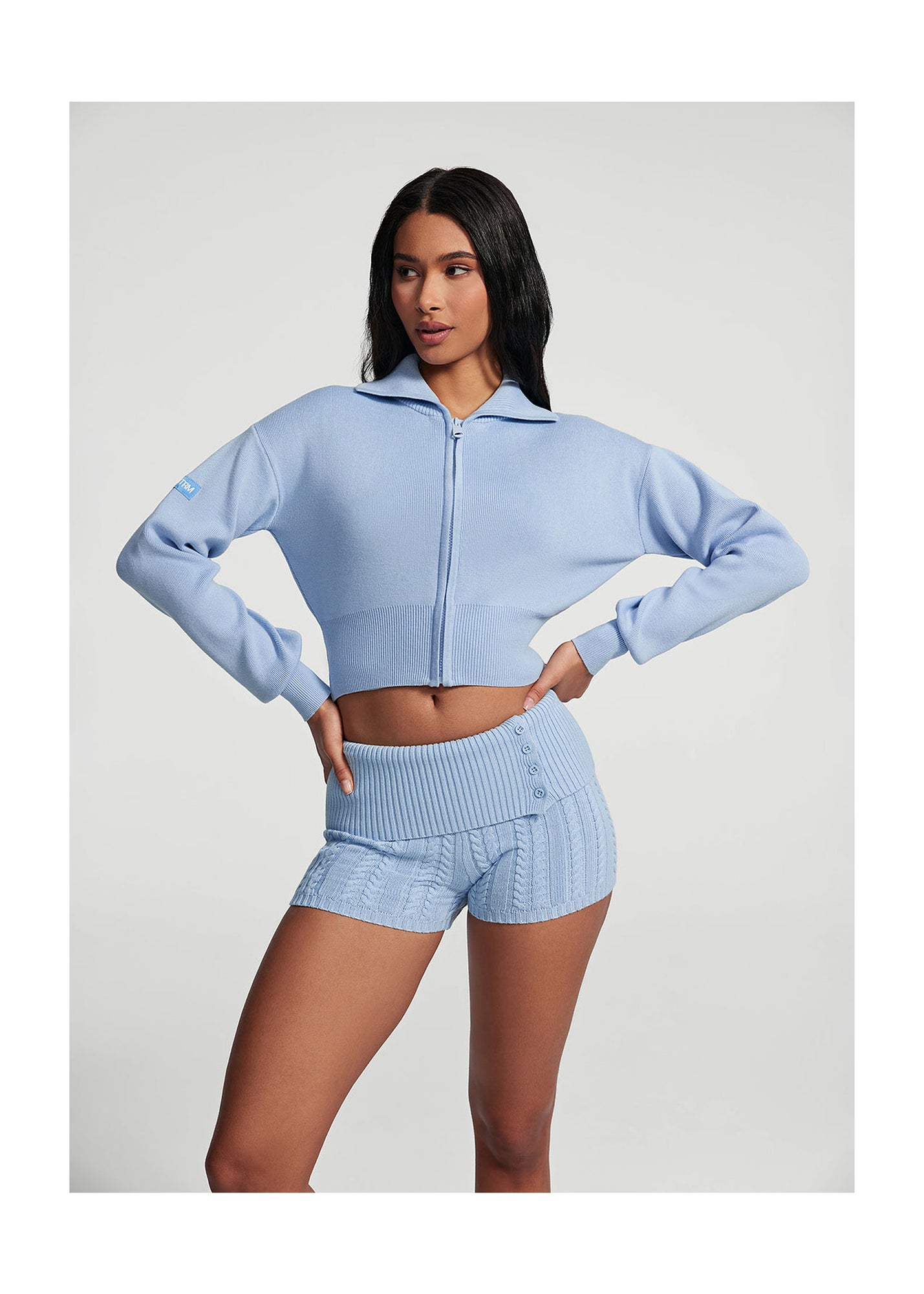 Knit Cropped Zip-Up Jacket | Sky Blue